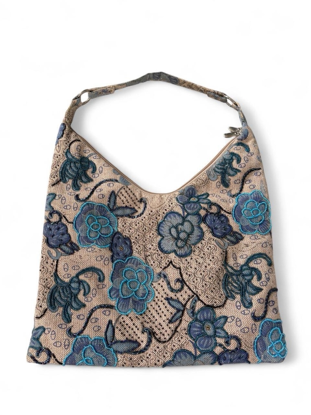 Embroidered Floral Shoulder Bag in canvas and Blue